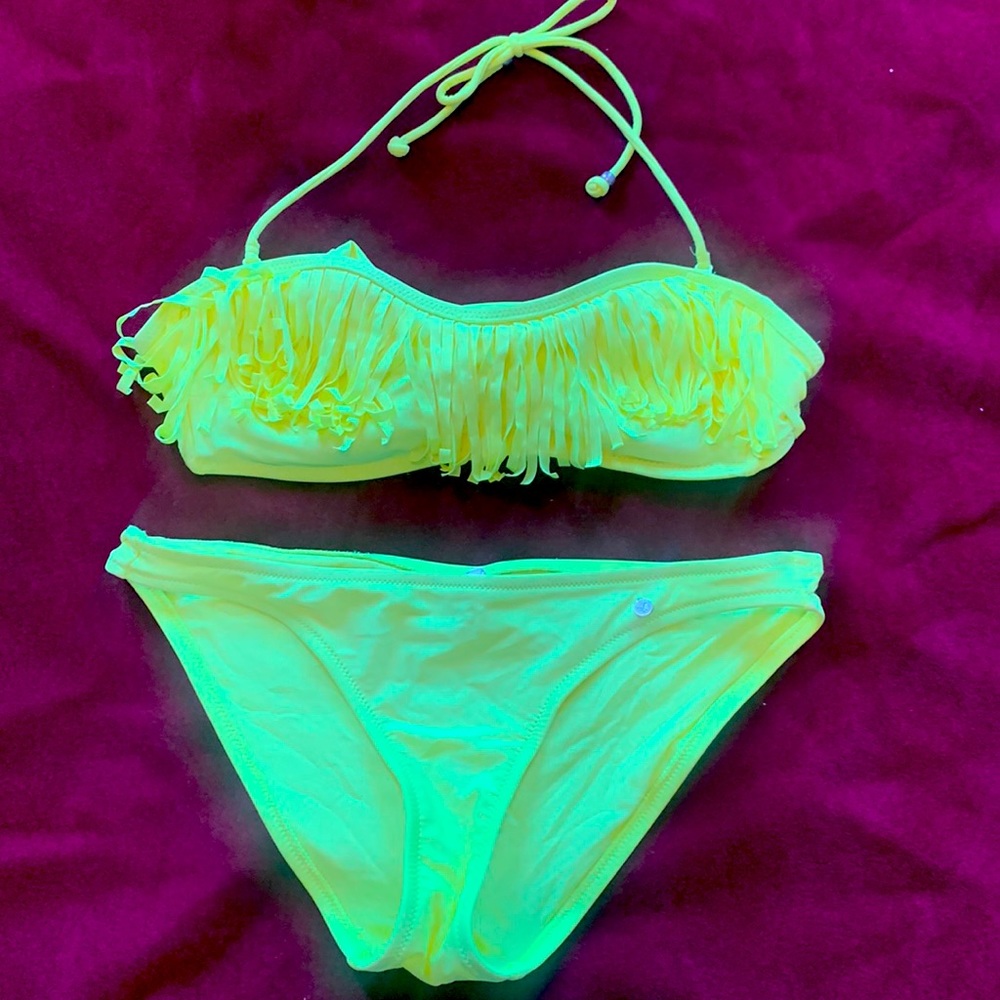AE Neon Yellow Boho Fringe Convertible 2 Piece Swimsuit - Picture 2 of 14